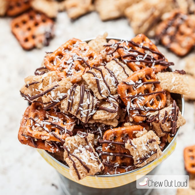 Chex snack mix with pretzels and chocolate