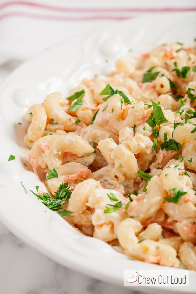 hawaiian macaroni salad in a white dish. 