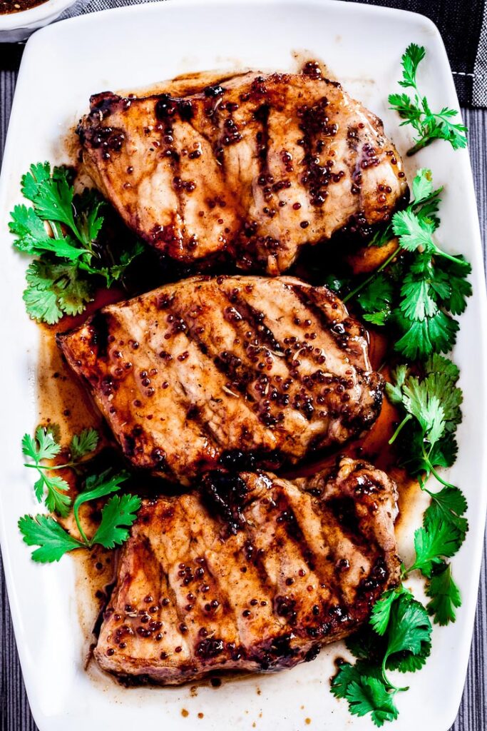 Grilled pork chops with honey mustard sauce