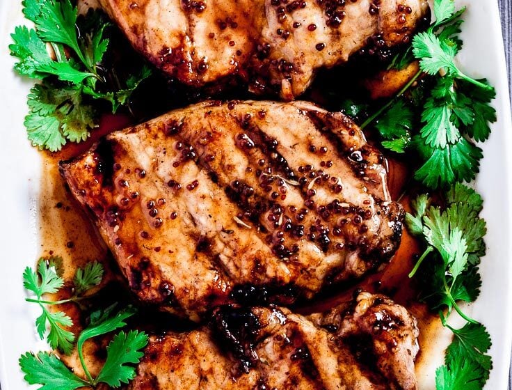 Grilled pork chops with honey mustard sauce