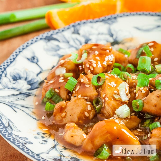 Skinny Orange Chicken with Sesame Seeds and Sliced Onions