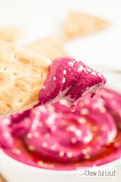 Beet Hummus with Pita Chips and Sesame Seeds