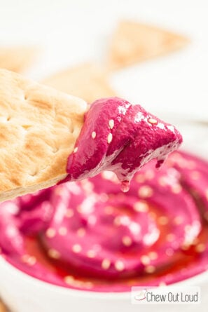 Beet Hummus with Pita Chips and Sesame Seeds