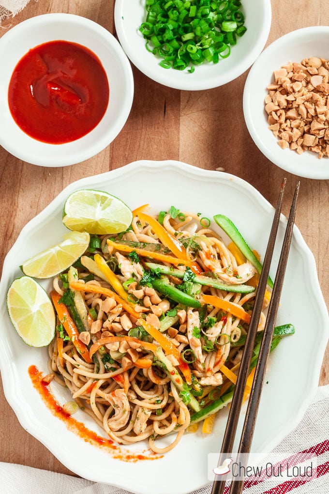 thai peanut noodles with condiments