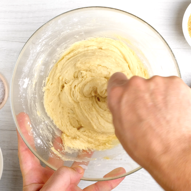 Apple coffee cake batter being mixed.