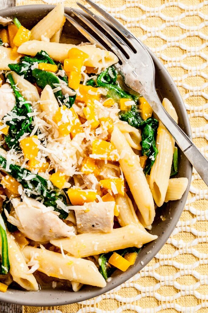 Butternut Squash Penne in a Bowl with Fork