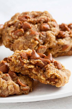 pumpkin oatmeal cookies on a white plate.