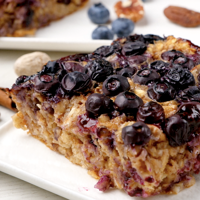 Slice of freshly baked blueberry oatmeal.