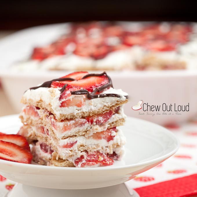 strawberry icebox cake slice on a plate