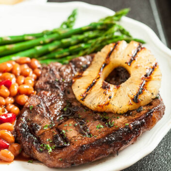 Hawaiian Grilled Pork with Asparagus, Beans and Pineapple