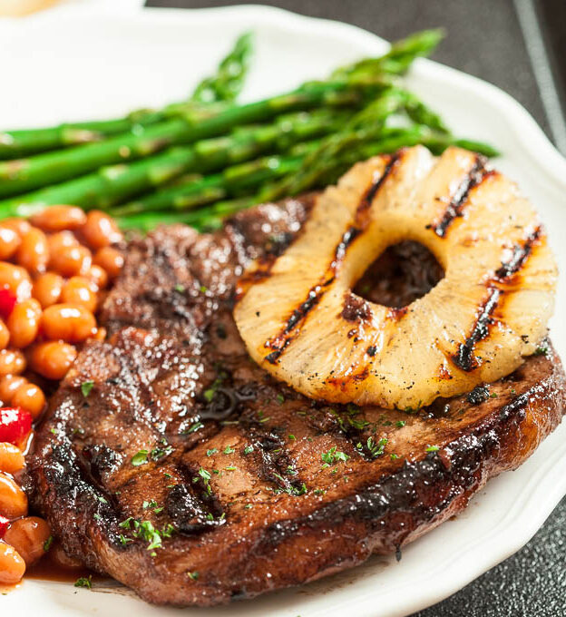 Hawaiian Grilled Pork with Asparagus, Beans and Pineapple