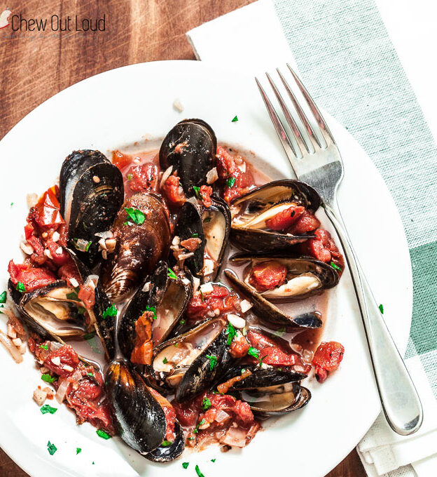 A Plate of Mussels with Garlic and Tomatoes