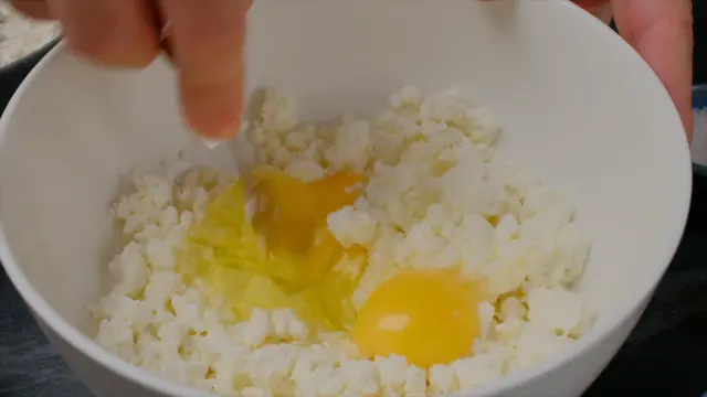 cottage cheese and eggs mixed for easy raspberry cake.