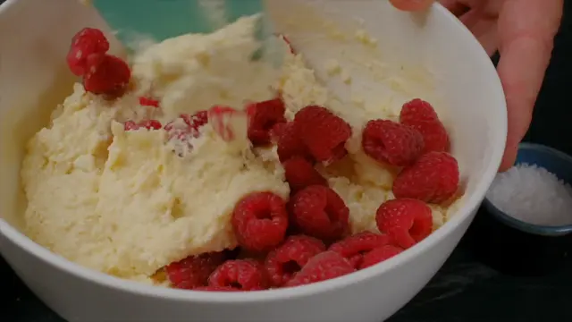 raspberries folded into easy raspberry cake batter.
