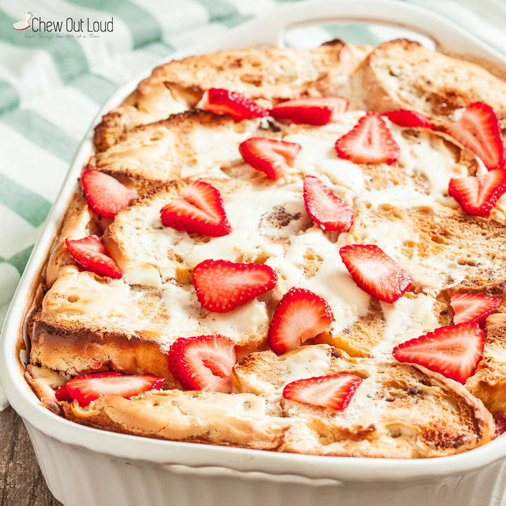 A Bake Casserole of French Toast with Strawberry Cheesecake