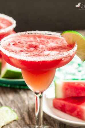 watermelon margaritas in glasses with watermelon slices