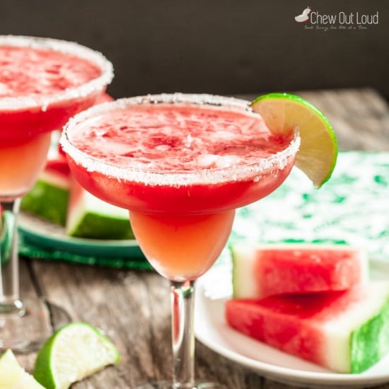 watermelon margaritas in glasses with watermelon slices