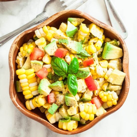 Corn and avocado salad in a bowl