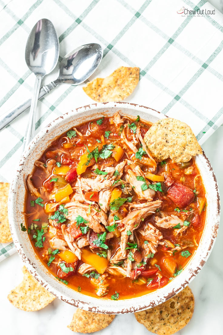 chicken chili in a bowl with chips