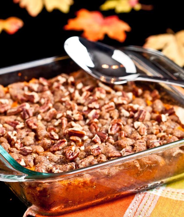 sweet potato casserole with pecan streusel in square dish