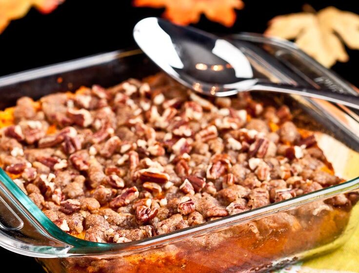 sweet potato casserole with pecan streusel in square dish