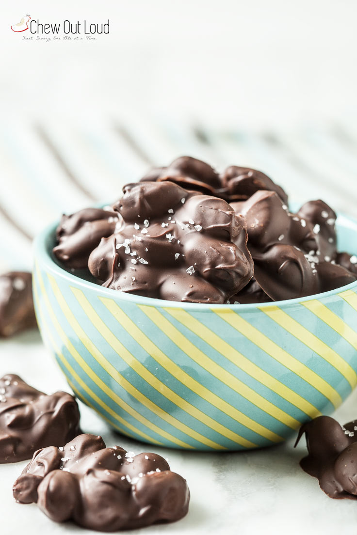 chocolate almond clusters in a bowl