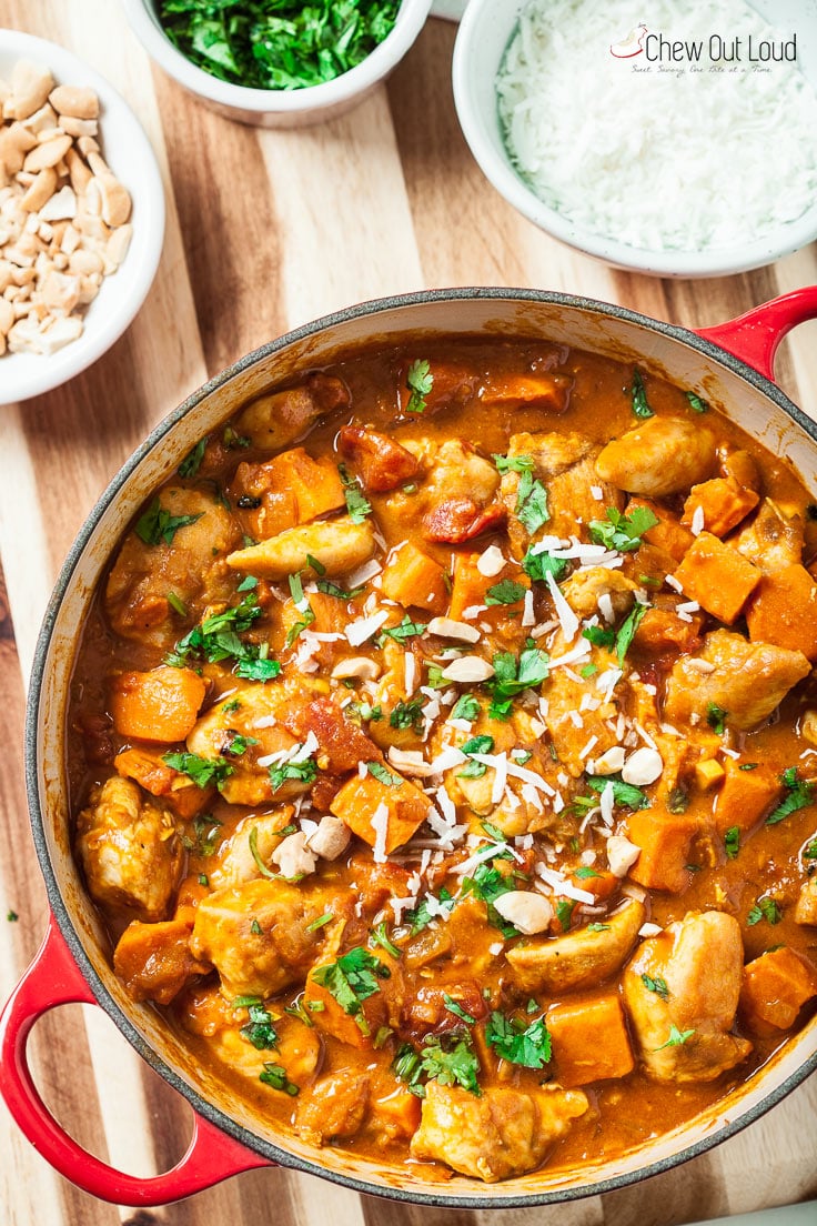 chicken stew with sweet potatoes in a dutch oven