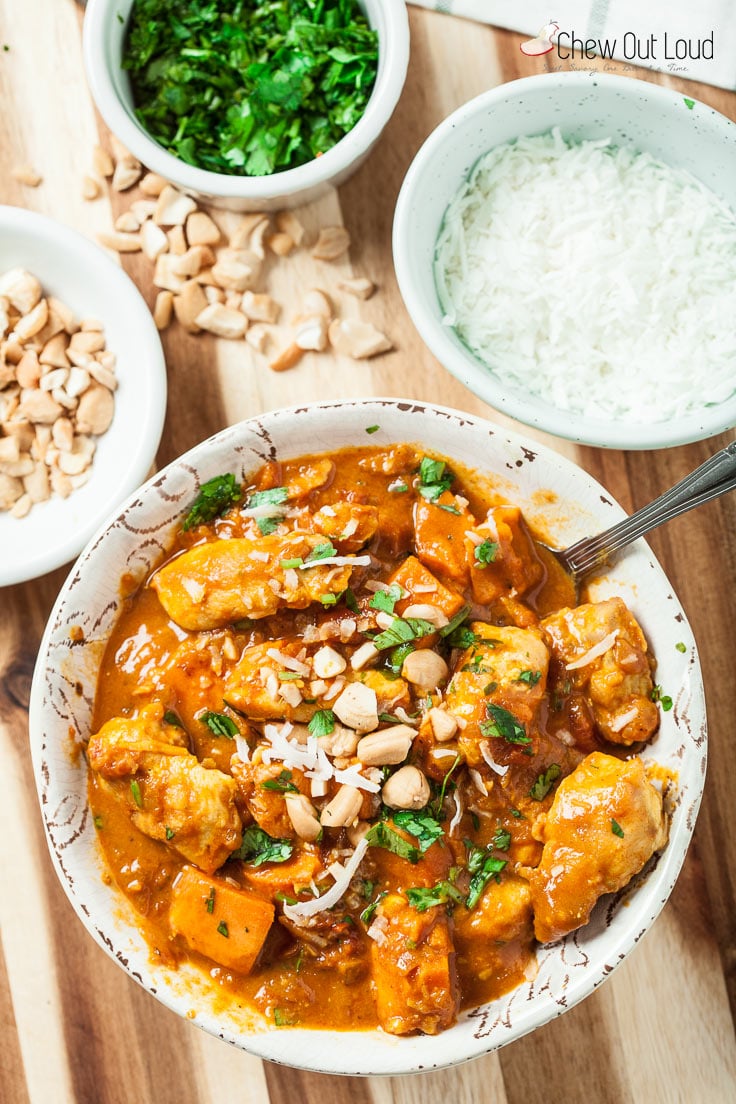 chicken stew with sweet potatoes in a bowl