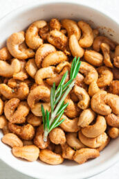 A bowl of Roasted Cashews on Garlic Rosemary