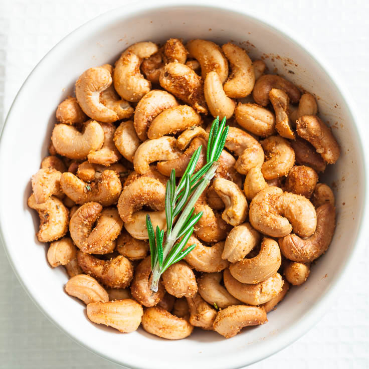 A bowl of Roasted Cashews on Garlic Rosemary