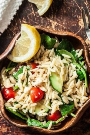 Spinach Orzo Salad with Sliced Lemon and Cherry Tomatoes
