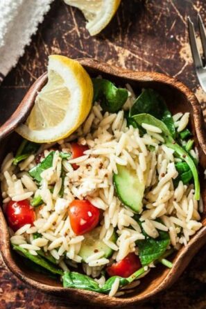 Spinach Orzo Salad with Sliced Lemon and Cherry Tomatoes