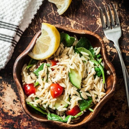 Spinach Orzo Salad with Sliced Lemon and Cherry Tomatoes