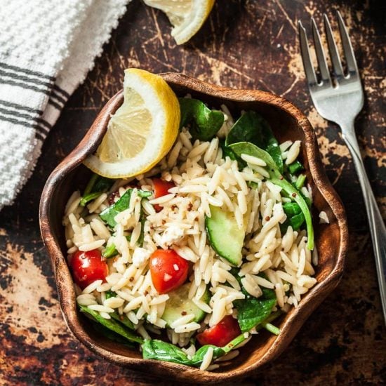 Lemon Orzo Salad in a bowl