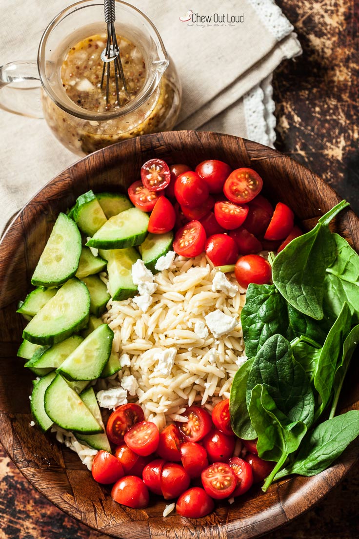 cucumbers, tomatoes, spinach, orzo salad