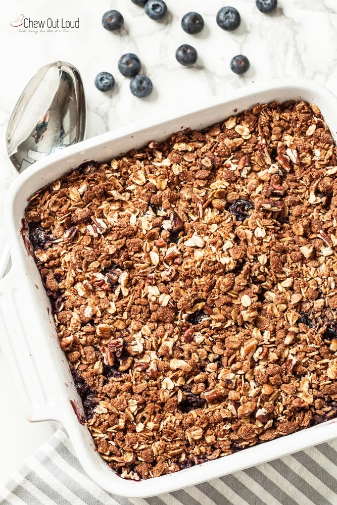 Healthy Blueberry Crumble in white square pan