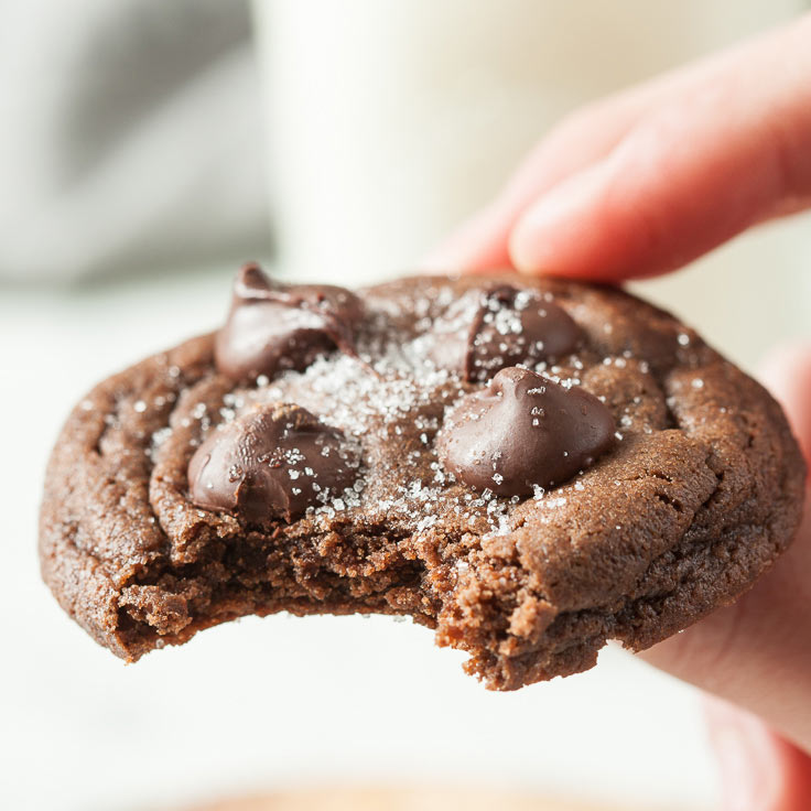 double chocolate cookie with a bite in it