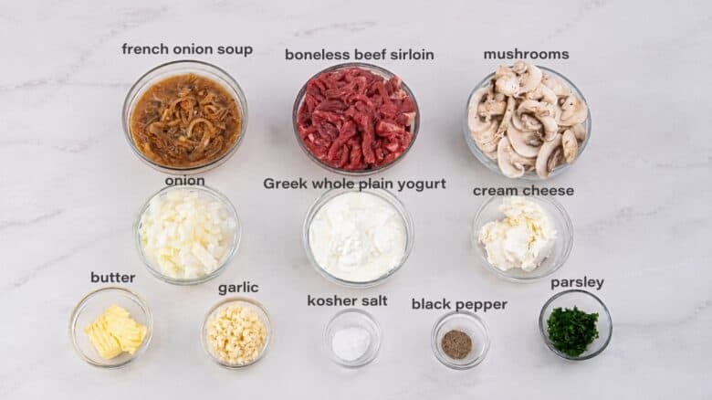 Crock Pot beef stroganoff ingredients.