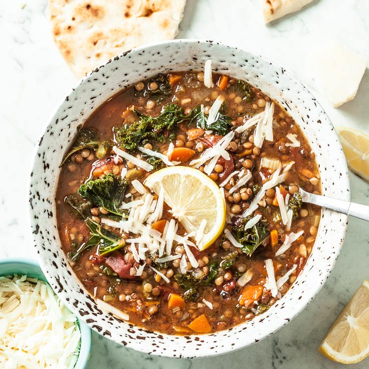 Bowl of Lemon Lentil Soup with Cheese