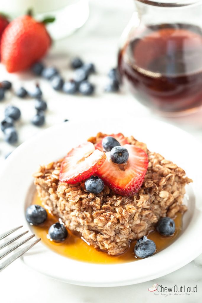 Bowl of Baked Maple Cinnamon Oatmeal with Strawberry & Blueberry on Top