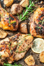 Sheet Pan of Roasted Greek Chicken with Garlic Potatoes