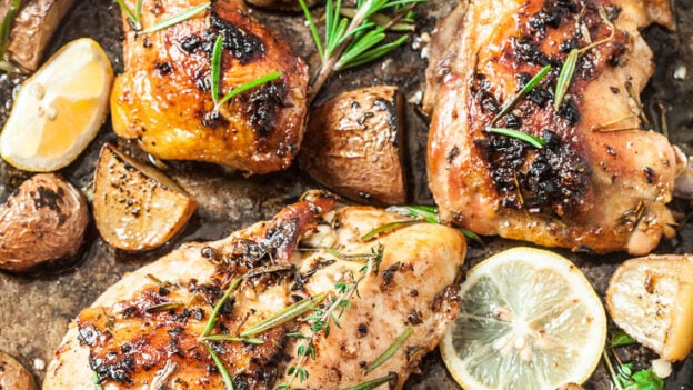 Sheet Pan of Roasted Greek Chicken with Garlic Potatoes