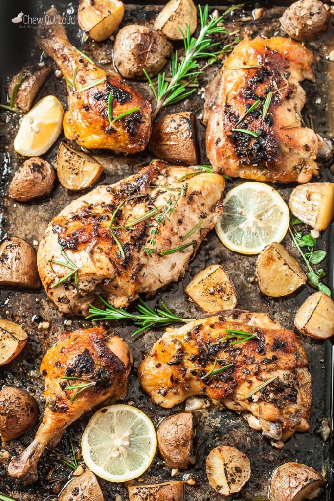 sheet pan chicken recipe roasted chicken recipe Greek chicken recipe garlic potatoes