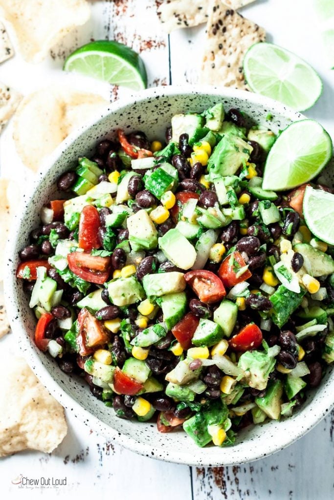 avocado salsa in a bowl with tortilla chips