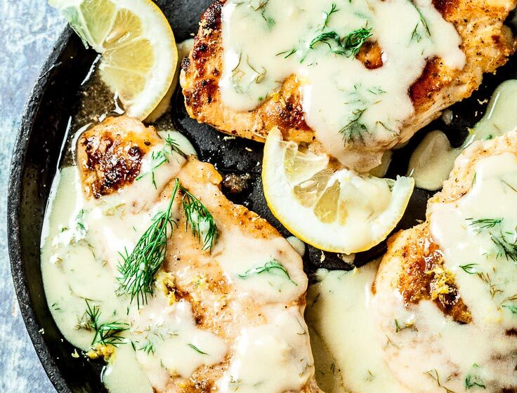 lemon dill chicken breasts in a pan