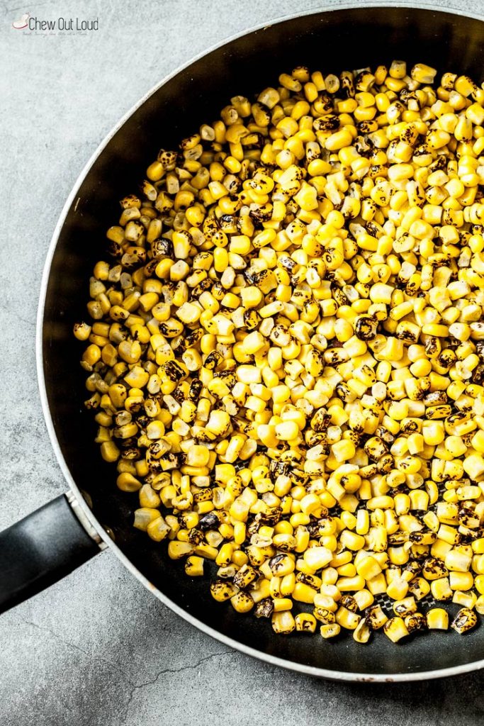 Charred corn in skillet