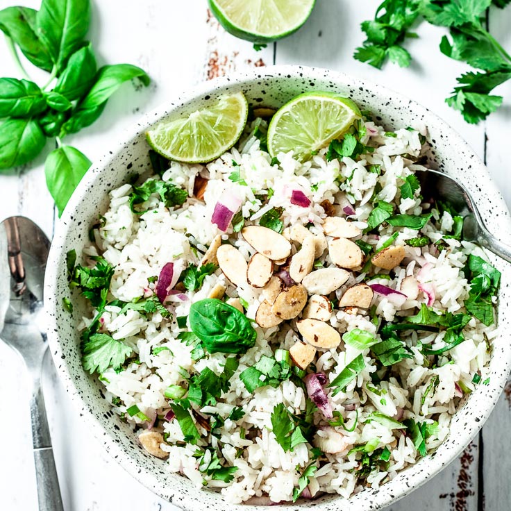 Vietnamese style white rice with basil and limes