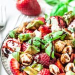 strawberry caprese salad with balsamic glaze.
