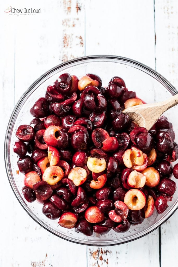 fresh pitted cherries in a bowl