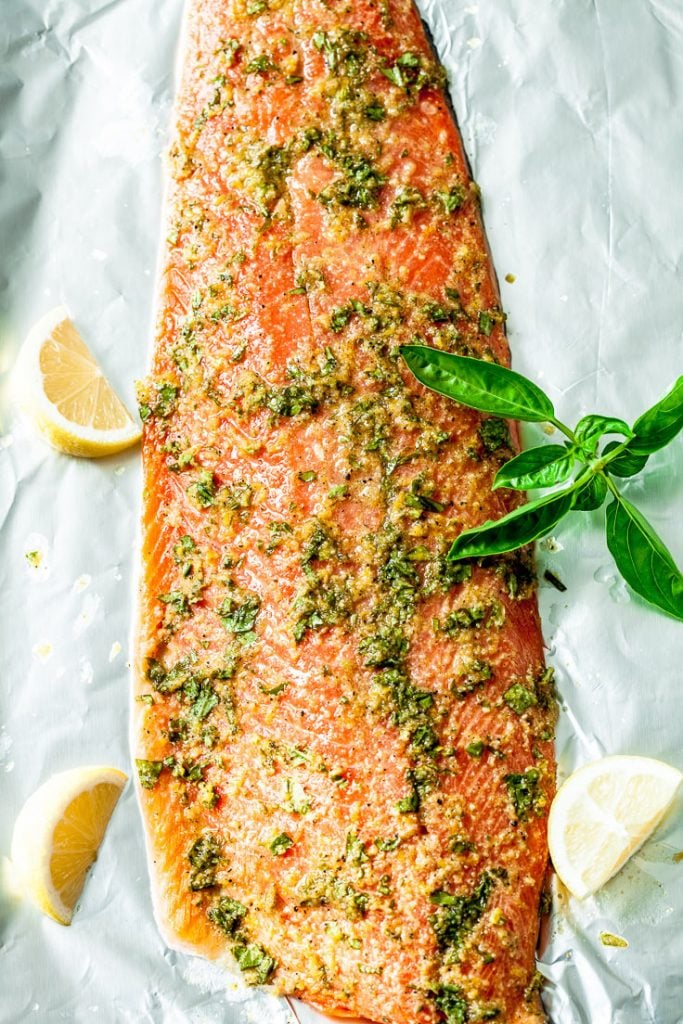 easy salmon recipe,  lemon basil salmon, lemon salmon, sheet pan salmon 